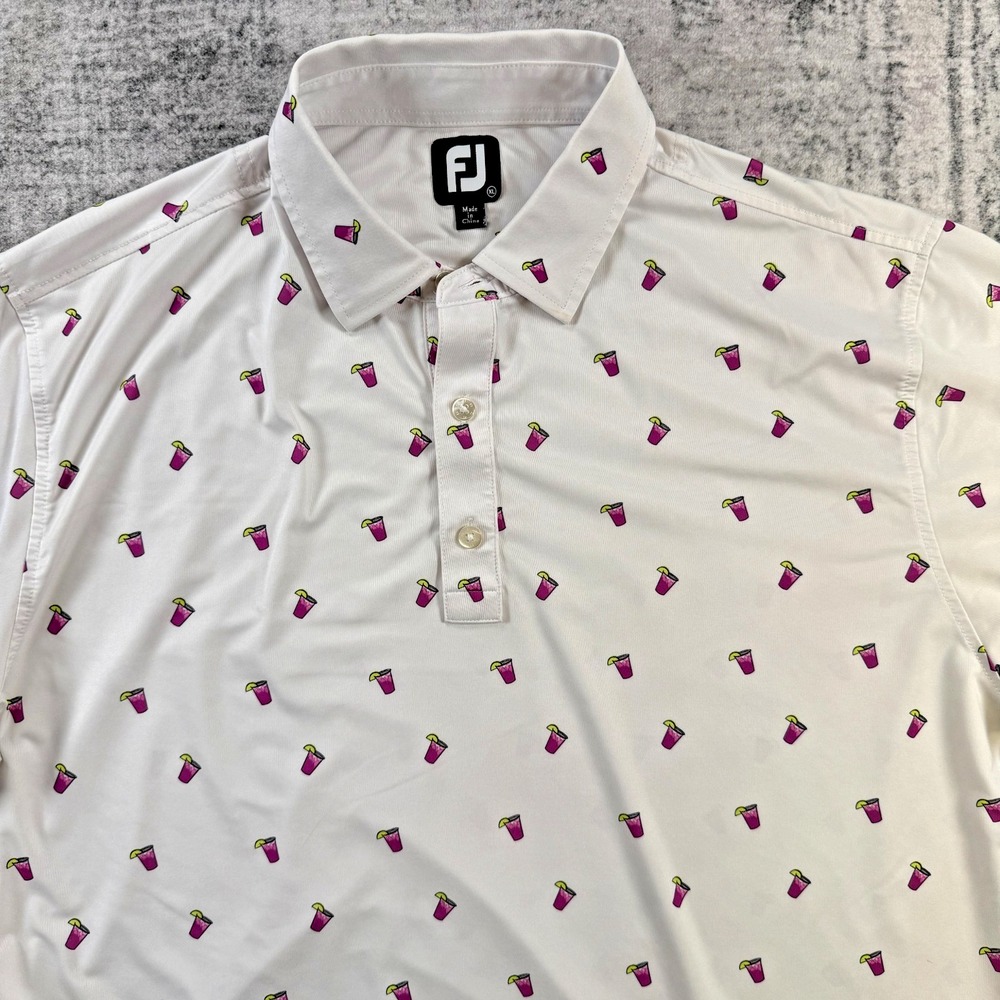 FootJoy Polo Shirt Mens XL White Cocktails Drinks AOP Golf Performance Stretch